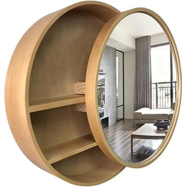 Imagem de AKALNNB Espelho de banheiro Armários push-pull madeira maciça redondo espelho de banheiro armário de armazenamento montado na parede espelho de banheiro