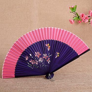 Imagem de HSYHKDSY Ventilador dobrável, ventilador dobrável de mão feminino com moldura esculpida em bambu/flores estilo espanhol/decoração japonesa vintage de seda, laranja