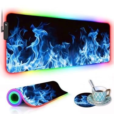 Imagem de Mouse pad RGB para jogos com porta-copos de café, tapete de mouse grande de LED brilhante, base de borracha antiderrapante, teclado de computador mesa mouse pad 80 x 29 cm - chama azul