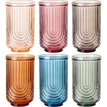 Imagem de JOVGANK Conjunto de vidro vintage colorido de 170 a 482 g, copo colorido para beber água, vidro Art Deco Ripple, copos de coquetel de uísque, para bebidas de bar, suco de café gelado, presentes de
