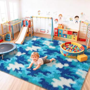 Imagem de AROGAN Tapetes macios e felpudos para quarto de meninas, sala de jogos, 10 x 15 m, tapete fofo fofo de princesa colorido para crianças, adolescentes, berçário, quarto, camuflagem azul e branco
