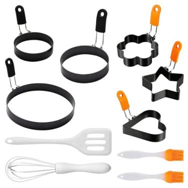 Imagem de Conjunto de 10 anéis para ovos Blackstone - Moldes antiaderentes de aço inoxidável com alças de silicone, 6 formas (coração/estrela/flor) 3 tamanhos (10/15/20 cm), inclui escovas de óleo