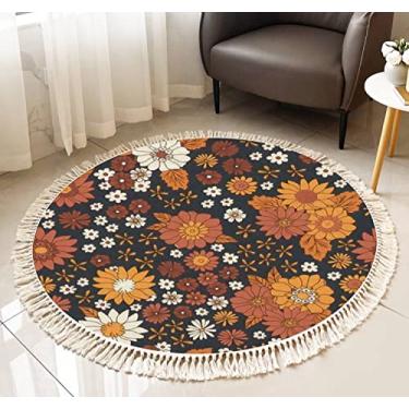 Imagem de Tapete redondo com franjas floral, vintage, sem costura, boêmio, hippie, flor, retrô, estampa de tecido boêmio, tapete de linho, borla, tapete de linho, tecido à mão, tapete de corredor de pátio