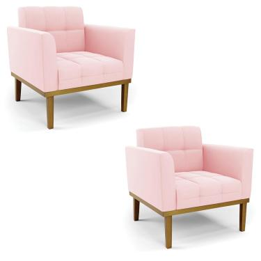 Imagem de Kit 2 Poltronas Decorativas Karen Pés Fixo em Madeira Castanho Suede Rosa Bebê G19 - Gran Belo