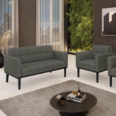 Imagem de Conjunto Poltrona e Namoradeira Decorativa Karen Pés Fixo em Madeira Preto Linho Cinza Mesclado G19 - Gran Belo