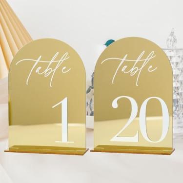 Imagem de Números de mesa de casamento de acrílico de arco espelhado dourado 1-20 com suportes, placas de acrílico arqueadas de 12,7 x 17,8 cm com números brancos, números de mesa espelhados dourados para