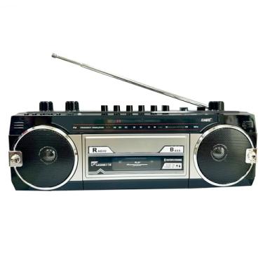 Imagem de Boombox retrô, gravador de rádio cassete, rádio FM, compartimentos USB/Micro SD, conector de fone de ouvido, converte cassetes para USB/SD, estilo retrô clássico dos anos 80, preto, microfone embutido