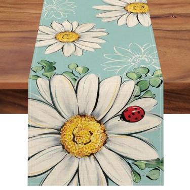 Imagem de Croar Spring Summer Daisy Flower Teal Table Runner, Floral Eucalyptus Leaves Ladybug Kitchen Dining Table Decoration, Seasonal Burlap Indoor Outdoor Home Decor Party Supply 13 x 90 Inches