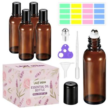Imagem de Lazy Dream Frascos de rolo para óleo essencial, frasco de vidro âmbar vazio para óleo de perfume, frascos de rolo com esferas de rolo de aço inoxidável, abridor, funil e conta-gotas para aromaterapia