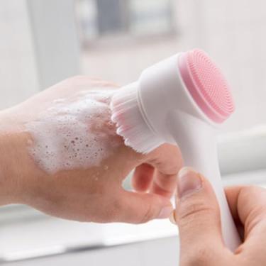 Imagem de 1 escova de limpeza facial dupla face, silicone profundo para esfoliação de poros e cerdas macias, ferramenta de cuidados com a pele, rosa