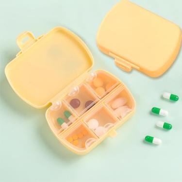 Imagem de Caixa de comprimidos portátil pequena com 6 compartimentos, organizador diário de pílulas, estojo de viagem à prova de umidade para vitaminas, óleo de peixe e suplementos (amarelo)