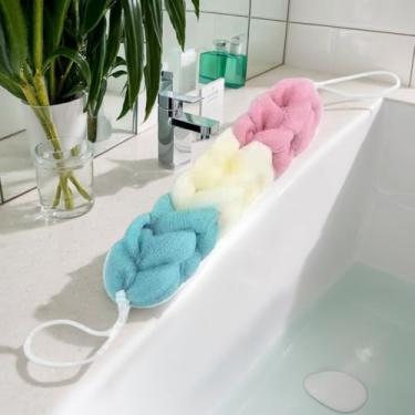 Imagem de Esponja de banho longa macia e confortável com esfregão esfoliante nas costas - Faixa de malha para chuveiro e sabonete líquido