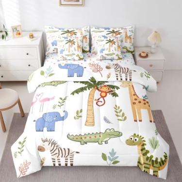 Imagem de Jogo de cama infantil jejeloiu com estampa de animais de zoológico, girafa, macaco, elefante e girafa, com lençol para crianças, meninos, meninas, plantas, lençol com tema animal, macio, leve