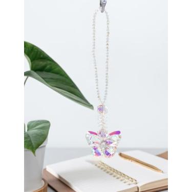 Imagem de 1 peça de decoração de pingente de borboleta de vidro, cristal AB transparente borboleta pingente de chave de carro pendurado, pingente de arco-íris para decoração de árvore de Natal, enfeite de