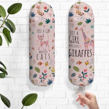 Imagem de 2 peças de suportes de plástico de girafa de gato floral rosa para sacolas de compras, suporte de parede reutilizável, suporte organizador para armário de cozinha, presentes de girafa para amantes de