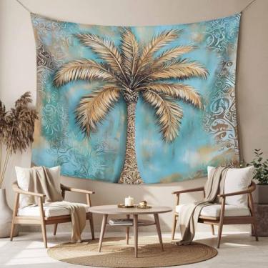 Imagem de Tapeçaria para pendurar na parede boho planta tropical coqueiro azul vintage floral decoração de quarto tapeçarias para quarto sala de estar faculdade dormitório estética grande 140 x 199 centímetros