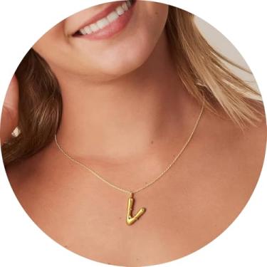 Imagem de Colar com inicial feminina, banhado a ouro 18 K, pingente de letra escultural, alfabeto A a Z, joia personalizada, 18+2in, Aço inoxidável, Sem Pedra Preciosa