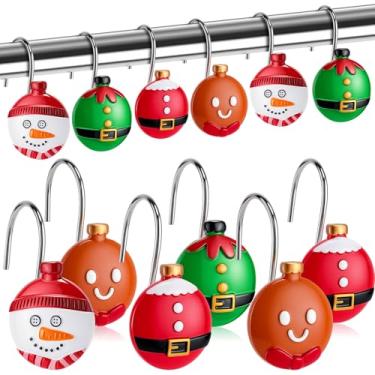 Imagem de Yungyan 12 peças ganchos de cortina de chuveiro bola de Natal boneco de neve Papai Noel cabides de cortina de Natal homem de gengibre anéis decorativos acessórios para decoração de banheiro de férias