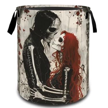 Imagem de VODRM Cesta de lavanderia rosa para amantes de esqueleto gótico, cesto organizador de brinquedos para crianças e adultos, cesto de armazenamento impermeável de tecido Oxford para presentes de