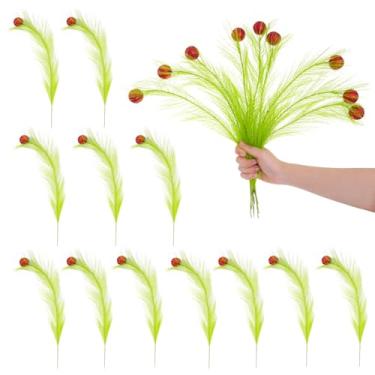 Imagem de Nydotd 12 peças de topo de árvore de Natal, decorações de Natal de 43 cm, hastes verdes, verde limão, palitos de árvore encaracolados com bola vermelha para vaso de guirlanda de Natal, decoração de