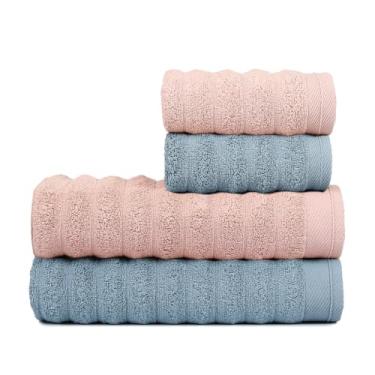 Imagem de Kit 4 Toalhas de Banho e Rosto 100% Algodão Super Macias e Absorventes Toalhas Felpudas de Luxo Premium para Banho e Decoração (Azul Nublado e Rosê)