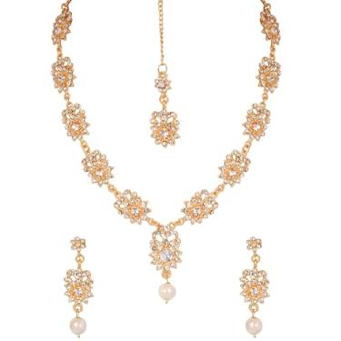 Imagem de Touchstone NOVO Bollywood indiano feito à mão tradicional floral strass pérolas artificiais Navratri Garba Dandya joia exótica essencial designer colar brincos Mangtika conjunto em tom dourado para