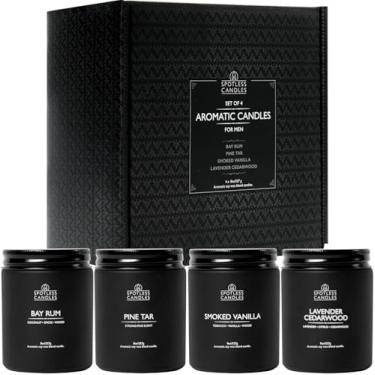 Imagem de Spotless Leopard Conjunto de velas masculinas, presentes para homens – Pacote de 4 x 227 g Conjunto de velas perfumadas | Aromas de lavanda e cedro/rum de baía/alcatrão de pinheiro/fumaça e baunilha