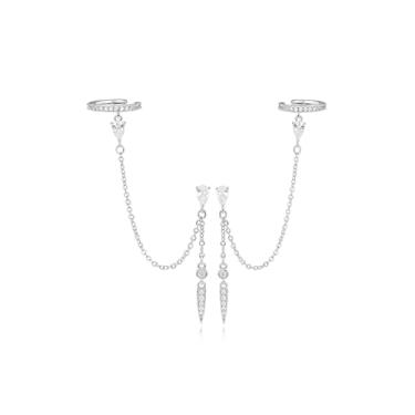 Imagem de MUMREUES Brincos de ouro para mulheres modernos banhados a ouro 14 quilates brincos de argola com clipe de pressão de zircônia simples minimalista brincos delicados corrente borla ilusão brincos