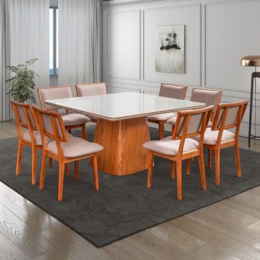 Imagem de Conjunto Mesa Bergame com 8 Cadeiras em Madeira Maciça Estofada Bréscia Espresso Móveis Champagnhe/Off White