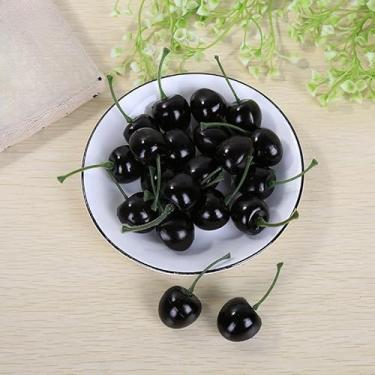 Imagem de 20 peças 2,5 cm/1 polegada cereja realista frutas falsas cerejas artificiais modelo bonito adereços de fotografia para casa, jardim, armário de loja, Natal, decoração de festival de colheita (preto)
