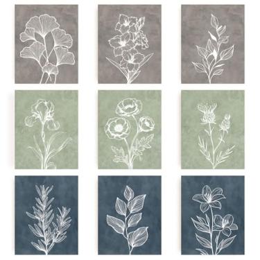 Imagem de INFUNLY 9 conjuntos de desenhos botânicos arte de parede Ginkgo impressão de arte de parede sem moldura boho flores pôsteres imagens linhas brancas alecrim impressões plantas pôster adesivo para