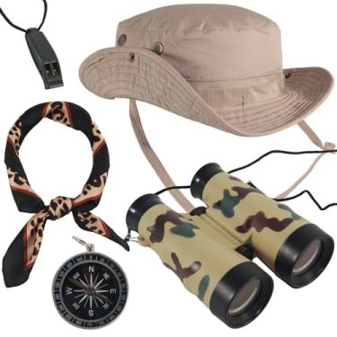 Imagem de snaxuda 5 Pcs Women Safari Costume Sun Bucket Hat Leopard Neck Scarf Binocular Whistle Compass Safari Outfit Accessories for Halloween Hunting Cosplay