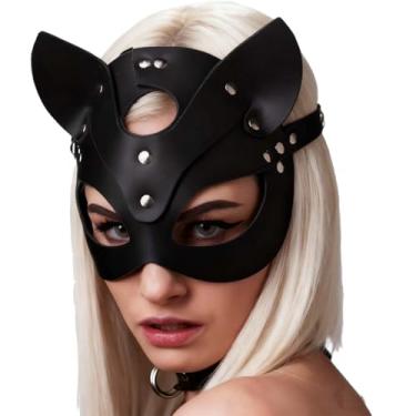 Imagem de VEICOSTT Máscara de couro preto para mulheres adultas, máscaras de gato, orelha de Páscoa, Halloween, máscara, cosplay, acessórios para os olhos, ZMJ03 (orelha de gato preta)
