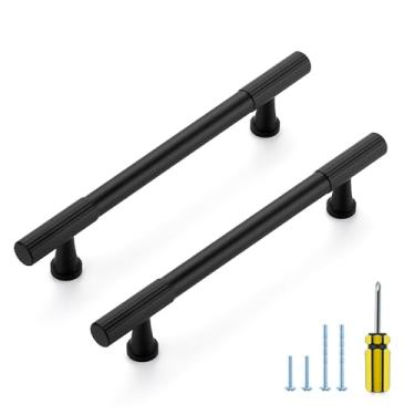 Imagem de Ravinte Decor Pacote com 8 puxadores pretos para armário de cozinha, alças pretas foscas com orifício central de 12 cm para gavetas de cômoda