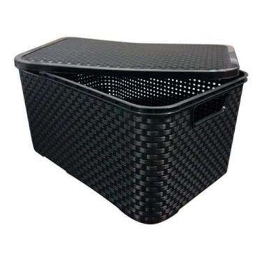 Imagem de Caixa Organizadora Rattan Premium, Plástico Resistente, 7L e 15L, com Tampa, Design Trançado, para Roupas, Brinquedos e Escritório, Preto, Branco e Terracota (Preto, 7 Litros)