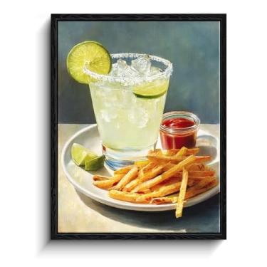 Imagem de Arte de parede Margarita & Fries, coquetel de borda de sal, decoração de parede moderna de natureza morta, impressão em tela emoldurada laminada, pôster gastronômico, para presente de bar de cozinha