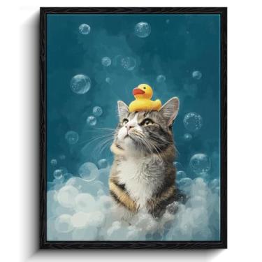 Imagem de Arte de parede de gato, gato de banho de espuma com pato de borracha, decoração de parede de banheiro caprichosa, impressão em tela emoldurada com acabamento fosco, arte de pôster de banheiro