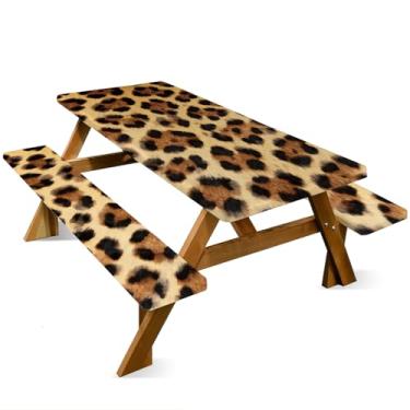 Imagem de ANNA QUEEN Conjunto de capa de mesa de piquenique de leopardo, 3 peças, 183 x 76 cm, à prova d'água, banco e toalha de mesa, proteção de móveis para acampamento, praia, churrasco, pátio, quintal
