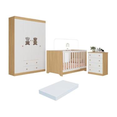 Imagem de Quarto de Bebê Completo com Berço Americano 3 em 1 Colchão Teddy Multimóveis Mp4664 Madeirado/branco