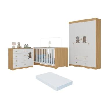 Imagem de Quarto de Bebê Completo c/Berço Americano 3 em 1 Colchão Doçura Multimóveis Mp4662 Madeirado/branco