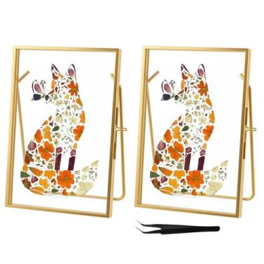 Imagem de Conjunto de 2 molduras flutuantes douradas de 15 x 7 cm, 9 x 12 cm, 10 x 15 cm, molduras de borda de renda de metal de latão, moldura de vidro duplo ajustável para mesa/prateleira, enfeites de arte de