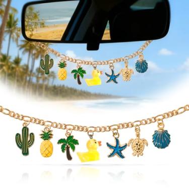 Imagem de CusDusk Ornamento de suspensão de carro de pato, acessórios de cabide de espelho retrovisor de praia concha do mar, decoração de estrela do mar interior automotivo presentes pendentes para mulheres e