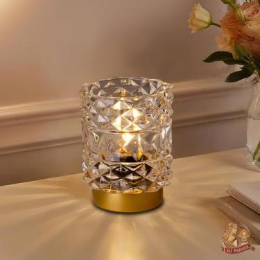 Imagem de MJ PREMIER Lâmpada operada por bateria com temporizador, luminárias de mesa sem fio para decoração de prateleiras, lâmpada de cristal estética com textura de losango, pequenas lâmpadas decorativas