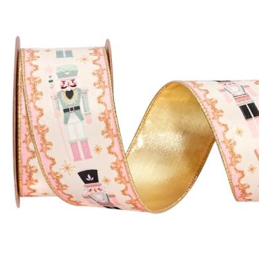 Imagem de LaRibbons Fita de veludo quebra-nozes com fio, 6 cm x 10 metros fita de veludo reversível rosa e dourada para árvore de Natal, embrulho de presente, laço de guirlanda, decoração ao ar livre