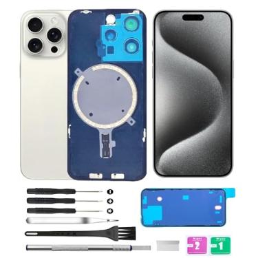 Imagem de Yuntunele Tampa traseira de vidro (inclui vidro de lente, suporte, ímã) Substituição compatível com iPhone 15 Pro Max Todas as operadoras com conjunto de ferramentas profissionais (branco)