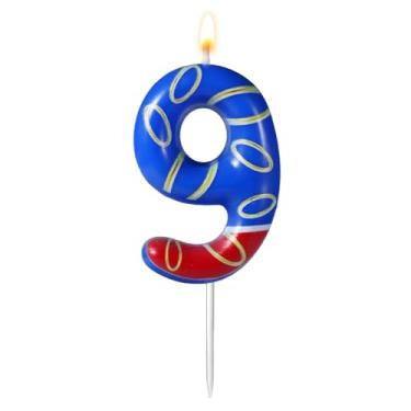 Imagem de Vela de aniversário com estampa de anel azul e dourado, número de aniversário, vela de aniversário com tema azul, topo de bolo para meninos e meninas suprimentos de festa (número 9)