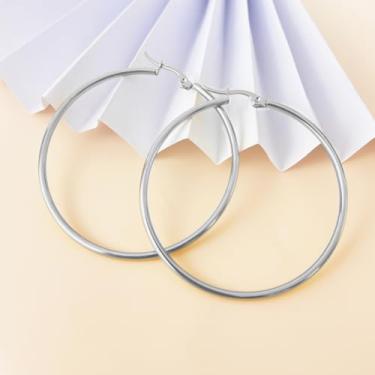 Imagem de Brincos de argola banhados a prata/ouro para mulheres – hipoalergênicos, leves, argolas grandes de 30 a 60 mm, 60 MM, Metal, Sem pedra preciosa