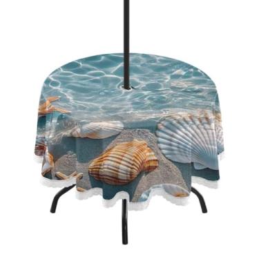 Imagem de Blueangle Toalha de mesa redonda de 152 cm à prova d'água com estrela do mar e coral com orifício para guarda-chuva - Tecido resistente à prova de sol para todos os climas para pátio, acampamento