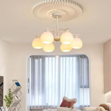 Imagem de Ventilador de teto estilo francês campestre e nórdico com kit de iluminação - Lustre em formato de abóbora | Iluminação vintage elegante para sala de estar e sala de jantar (6 lâmpadas)