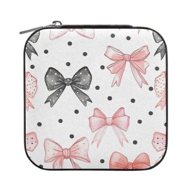 Imagem de SEHANY Caixa de joias personalizada com laço rosa para mulheres, meninas, mini estojo de joias de couro PU, organizador de joias de viagem, caixa de joias para brincos, anéis, colares, presentes para